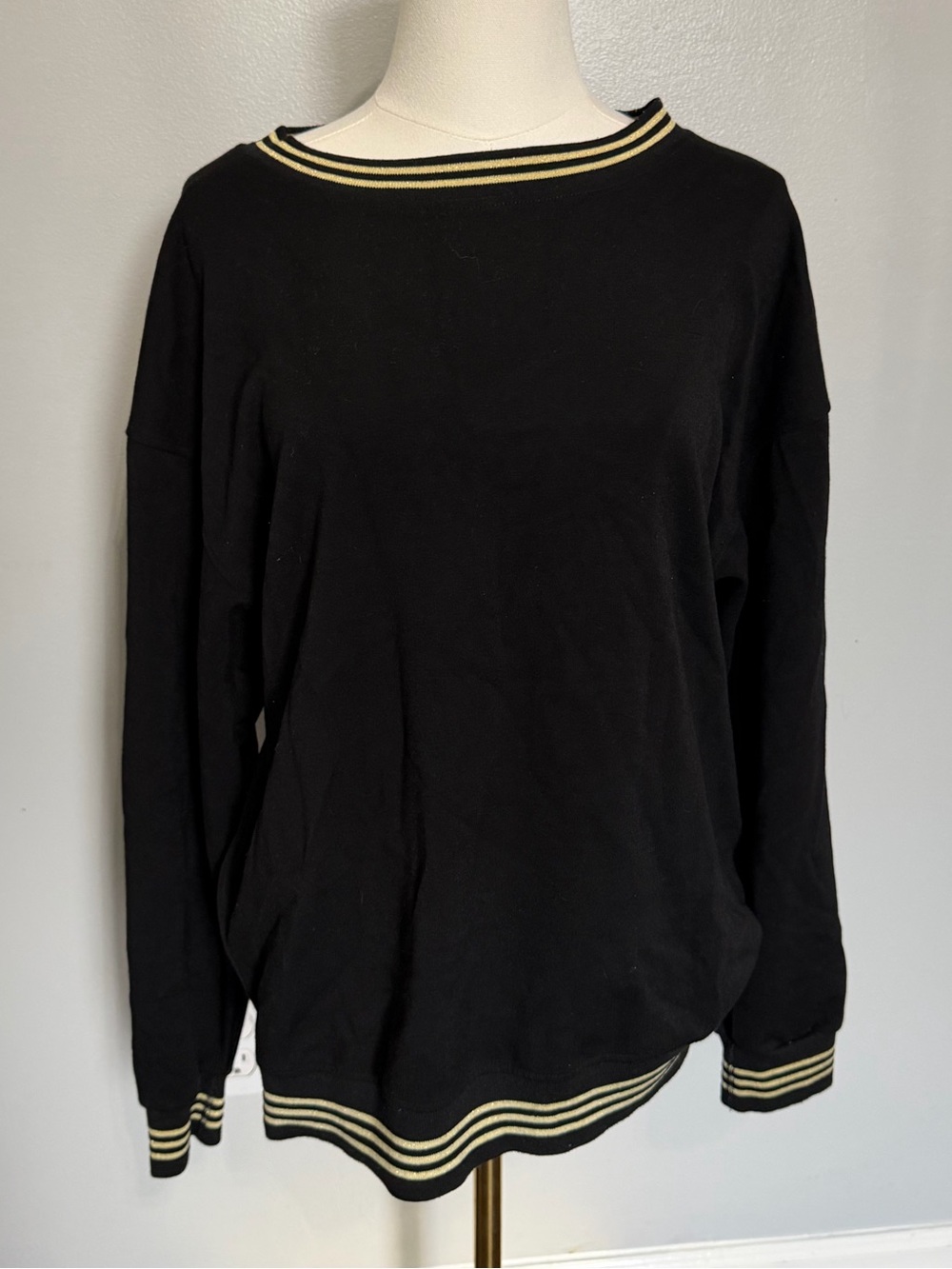 Yelete Women’s Small Black Gold Striped Trim Sweater Boatneck Oversized Top